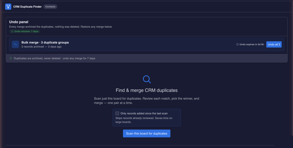 CRM Duplicates in dark mode showing the undo panel and scan screen with readable text
