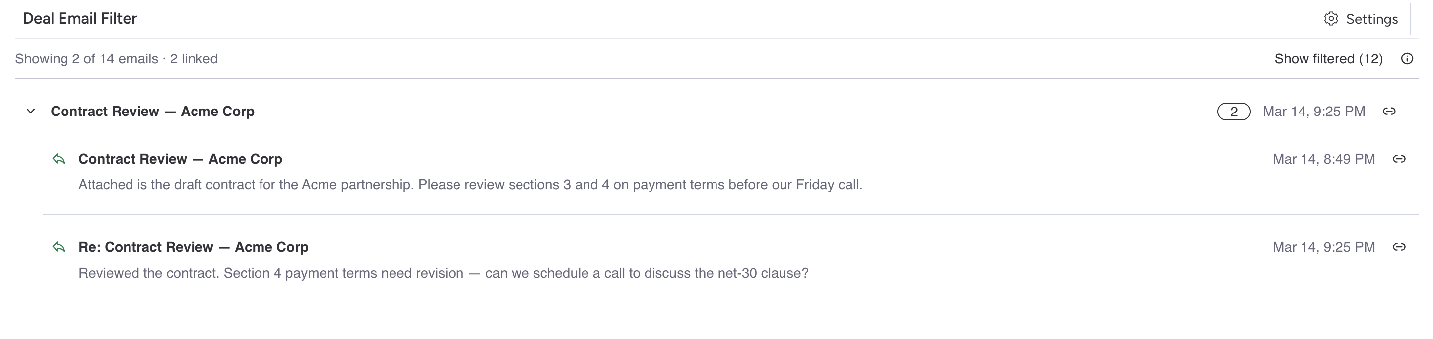 Deal Email Filter showing only emails relevant to the current deal