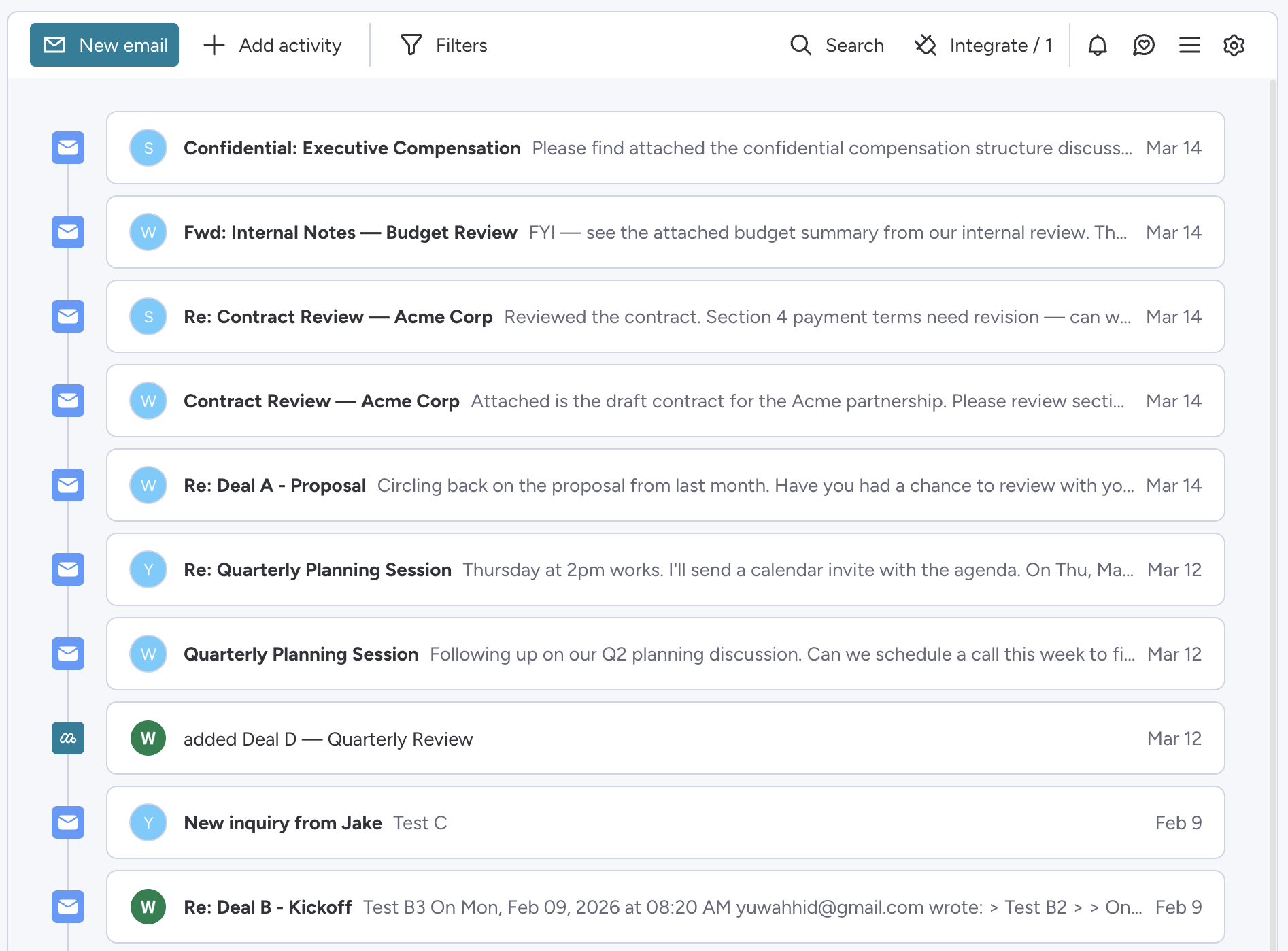 monday.com Emails and Activities widget showing all emails from a contact across multiple deals