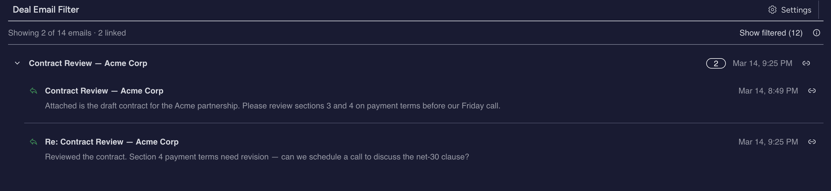 Deal Email Filter in dark mode showing filtered emails with readable text
