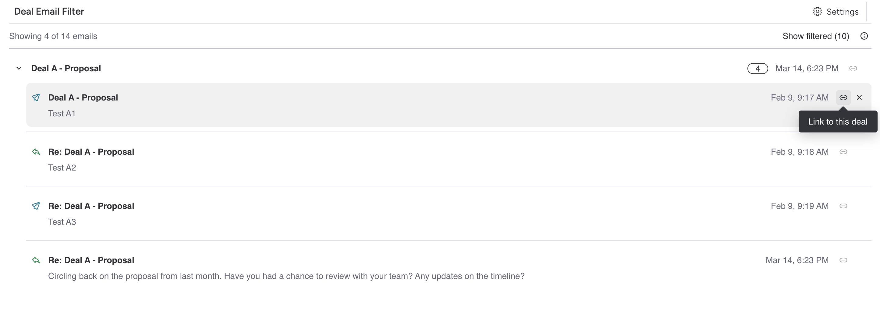 Expanded email thread showing the Link to this deal button on an individual email