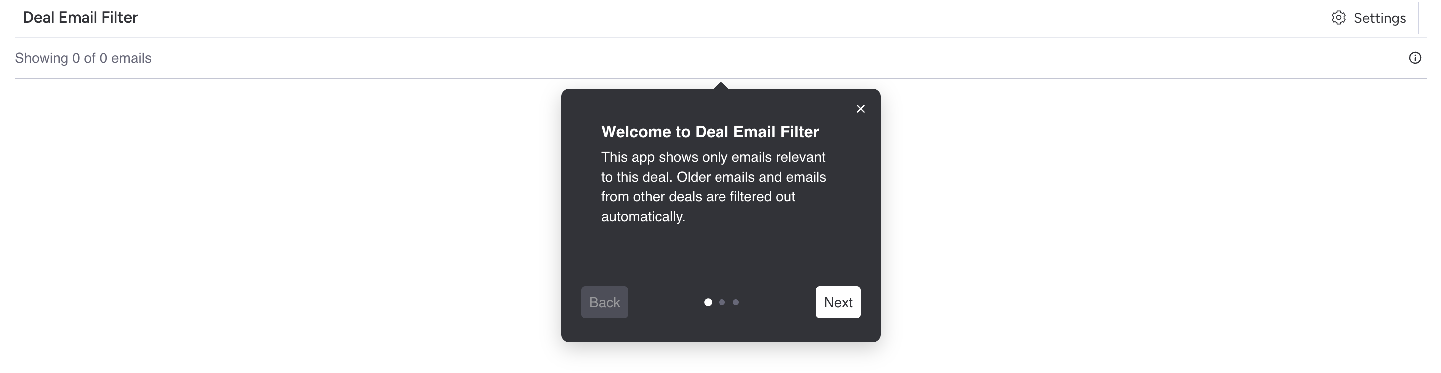 Deal Email Filter welcome wizard showing a quick introduction to the app