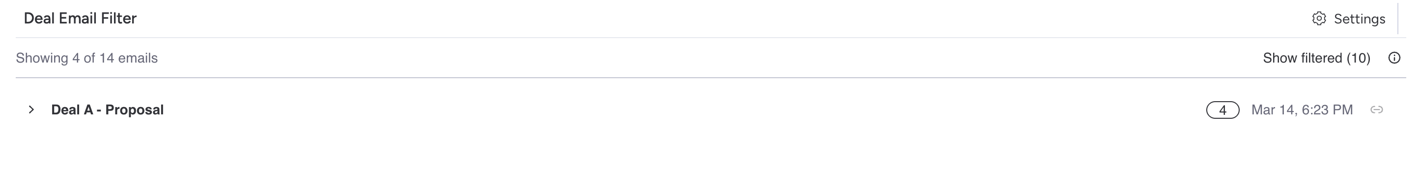 Collapsed email thread showing thread name, email count badge, and timestamp